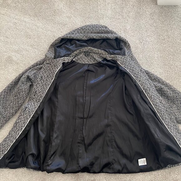 George Herringbone Wool Blend Hooded Coat with Hidden Buttons Black & White 3XL - Picture 5 of 13